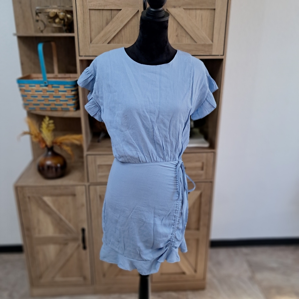 The Impeccable Pig Light Blue Sheath Dress Back Zip Fitted Ruffles Ruched Preppy